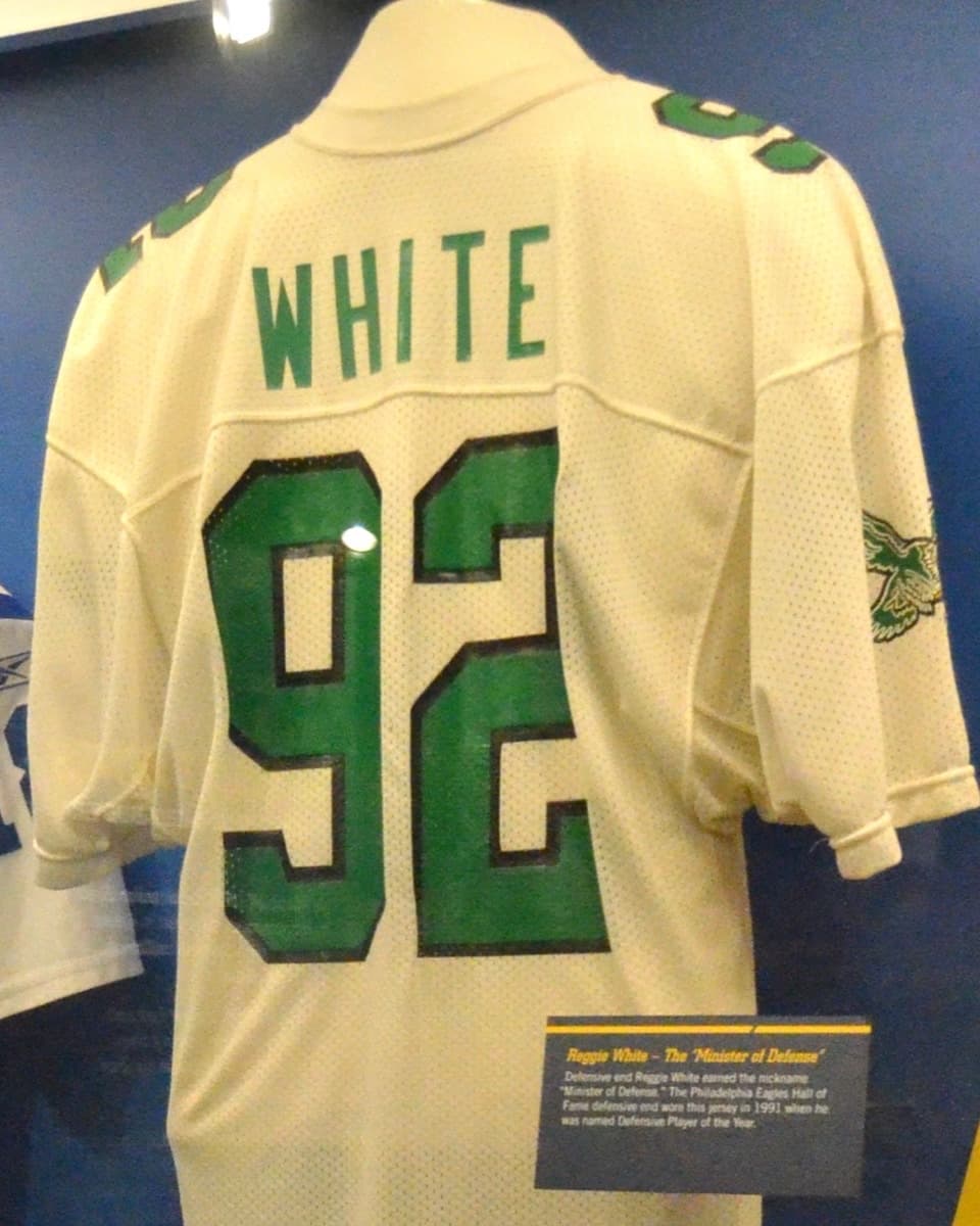Reggie White's retired Eagles jersey on display at the Hall of Fame.